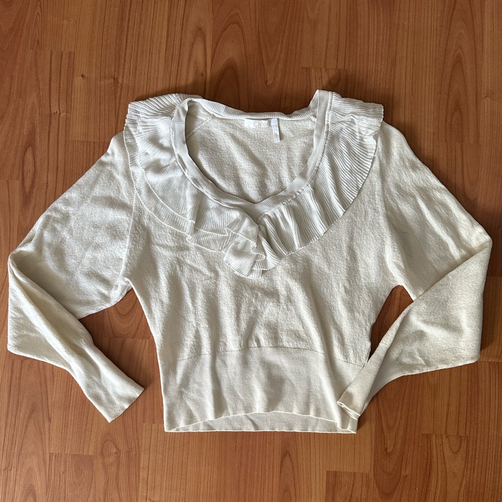 Chloe Ruffled V-Neck Wool/Cashmere Sweater in Milk - Size Small (fits like XS)